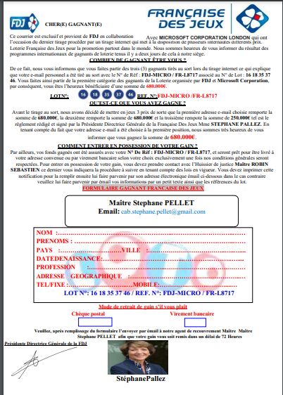 cab.stephane.pellet@gmail.com | FDJ | Arnaque de loterie | 1 commentaire